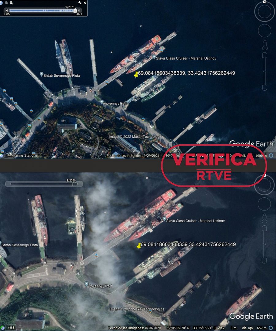 Composición con las imágenes de los dos barcos con cubierta naranja en 2021 y en 2020 con el selo de VerificaRTVE