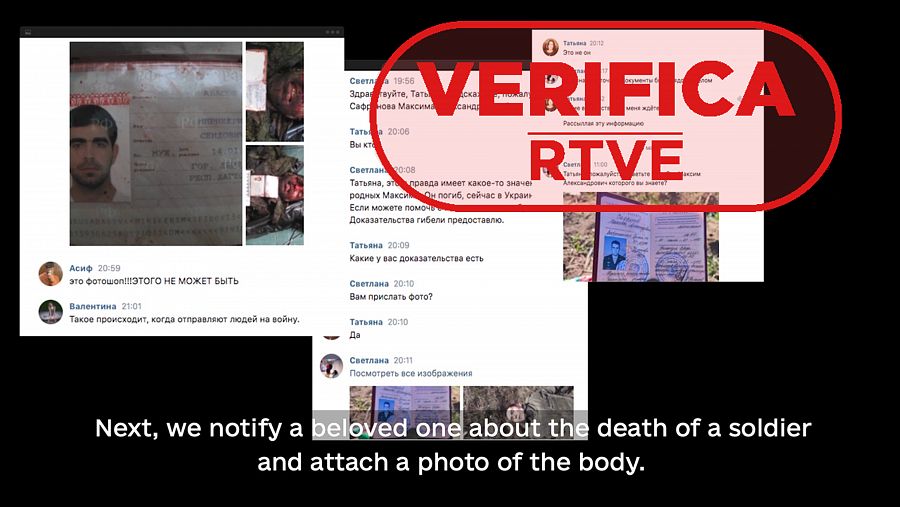 Captura del vídeo de 'IT Army of Ukraine' donde se ofrece una muestra del mensaje que se envía a las familias de los soldados rusos muertos con una foto del cadáver con sello verifica