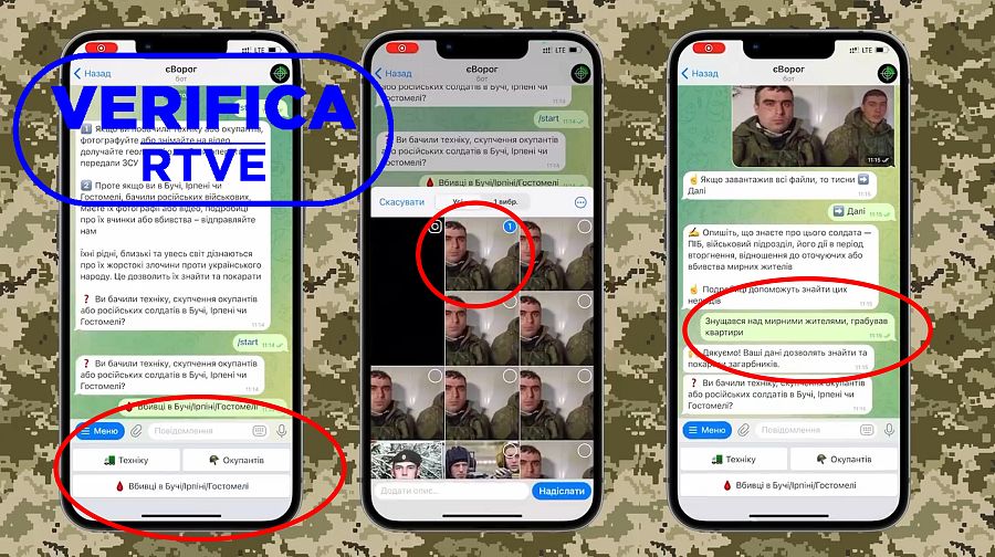 Capturas del tutorial de 'e-Enemigo'. Primero se elige el tipo de denuncia, luego se adjunta la cara del soldado ruso y finalmente se describe lo que se ha visto y dónde se ubica con sello Verifica