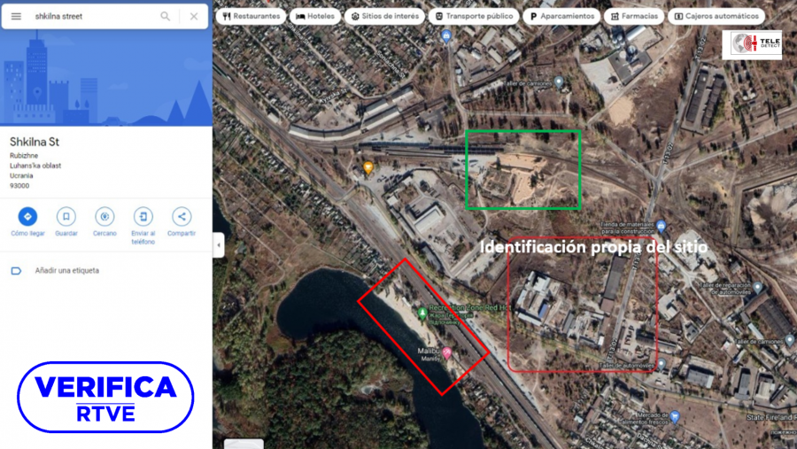 Geolocalización de la explosión del 5 de abril, junto al sello de VerificaRTVE y Teledetect.