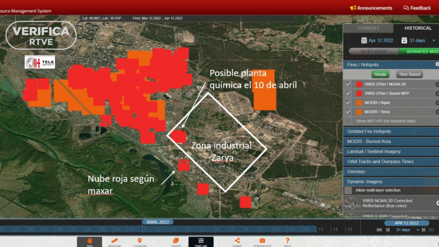 Imagen que muestra la concentración de ataques sobre Rubizhne entre el 12 de marzo y el 12 de abril, con el sello de VerificaRTVE y Teledetect.
