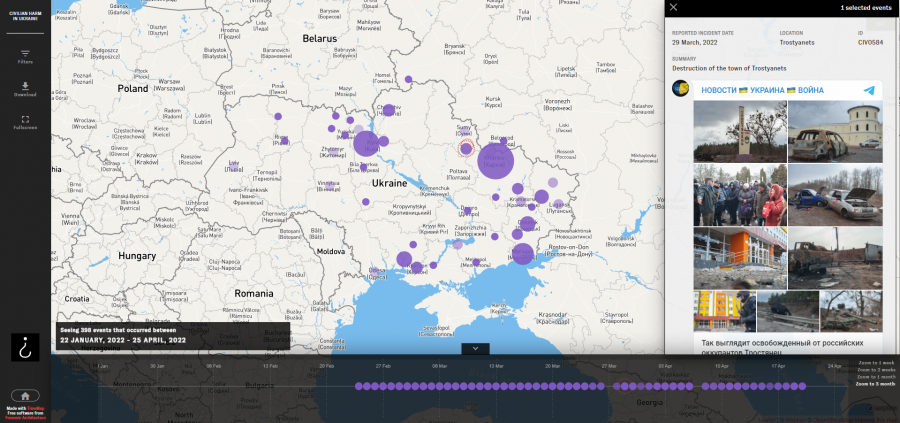 El mapa de Bellingcat que recoge ataques a civiles durante la guerra en Ucrania