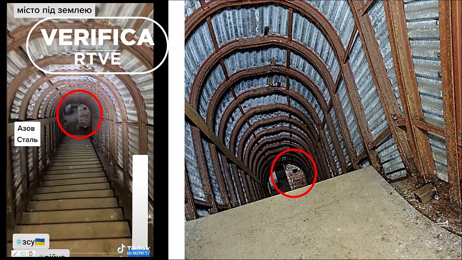 A la izquierda un fotograma del vídeo analizado, a la derecha el mismo muro al final de la escalera en una fotografía del refugio HMS Forward