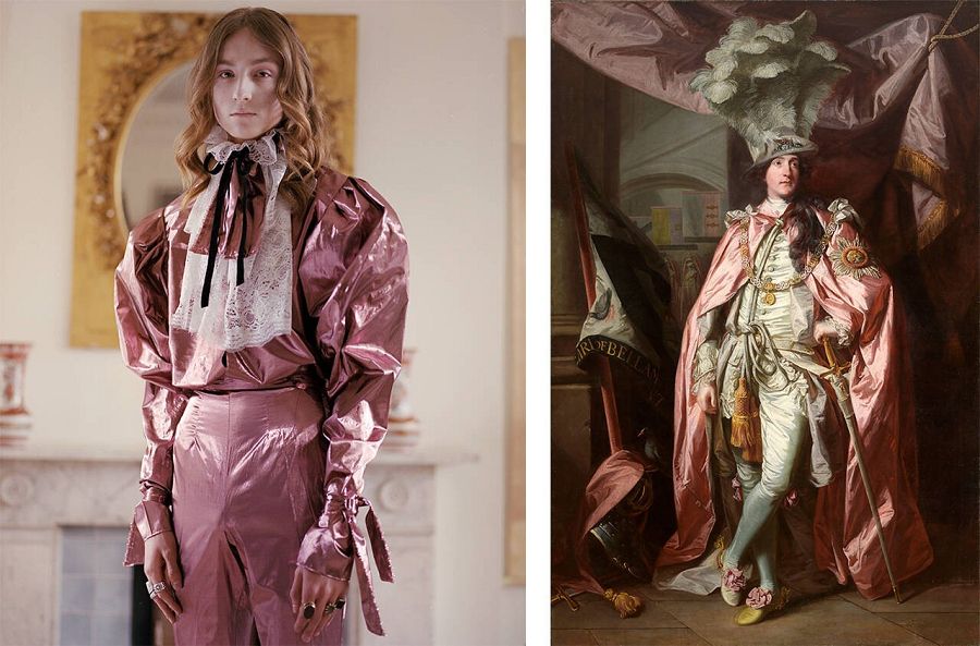 Izquierda: Harris Reed Fluid Romanticism 001. Courtesía Harris Reed. Foto: Giovanni Corabi. Derecha: Retrato de Charles Coote, 1er Conde de Bellamont (1738-1800), de Joshua Reynolds, 1773. Foto: © National Gallery of Ireland