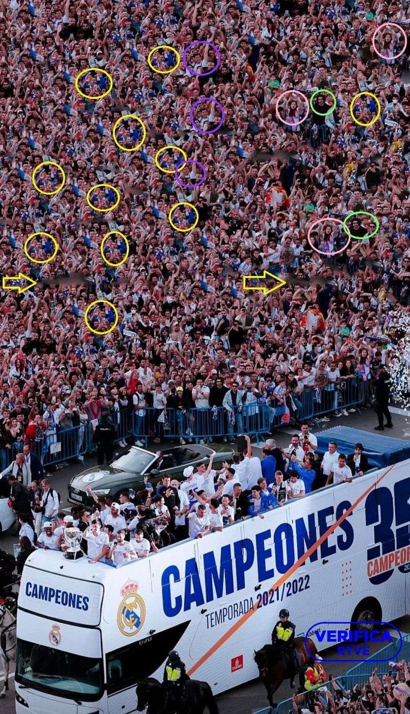 La imagen manipulada de la celebración del Real Madrid, con círculos de diferentes colores señalando a personas que aparecen repetidas y flechas en las zonas emborronadas