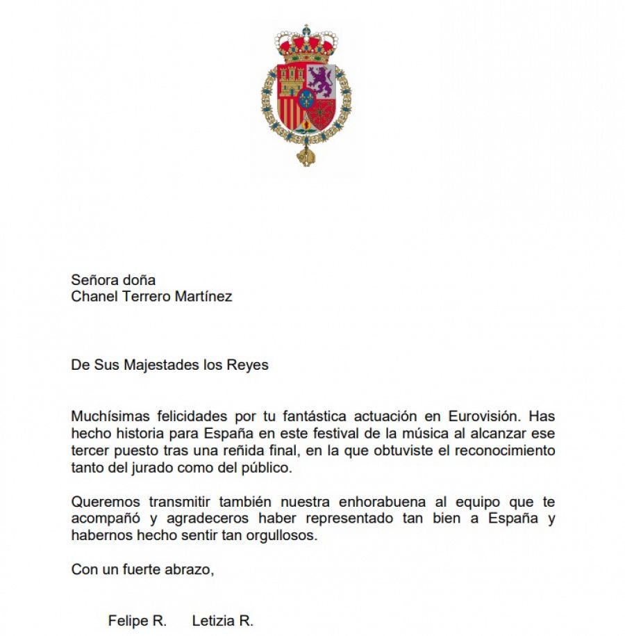 Mensaje de la Casa Real para Chanel, representante de España en Eurovisión 2022