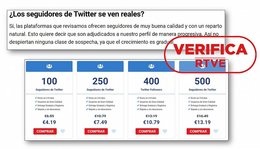 Capturas de pantalla de ofertas de venta de seguidores de Twitter con sello Verfica