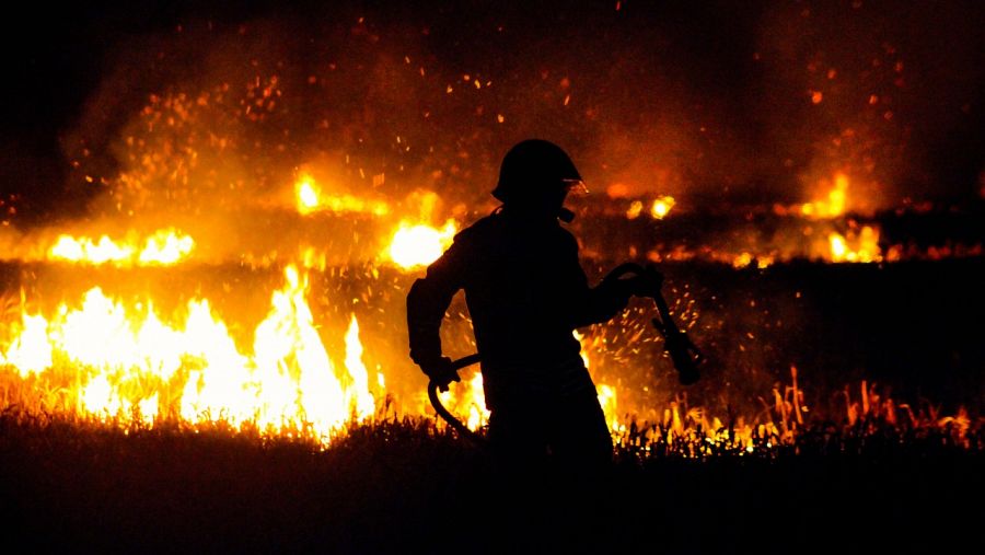 Un bomber intentant apagar un incendi - veure ara