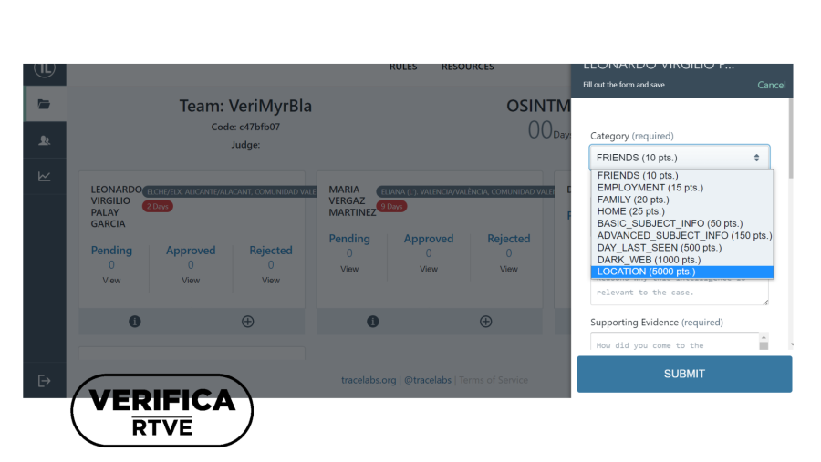 Metodología de la competición digital Trace Labs, con el sello VerificaRTVE en negro