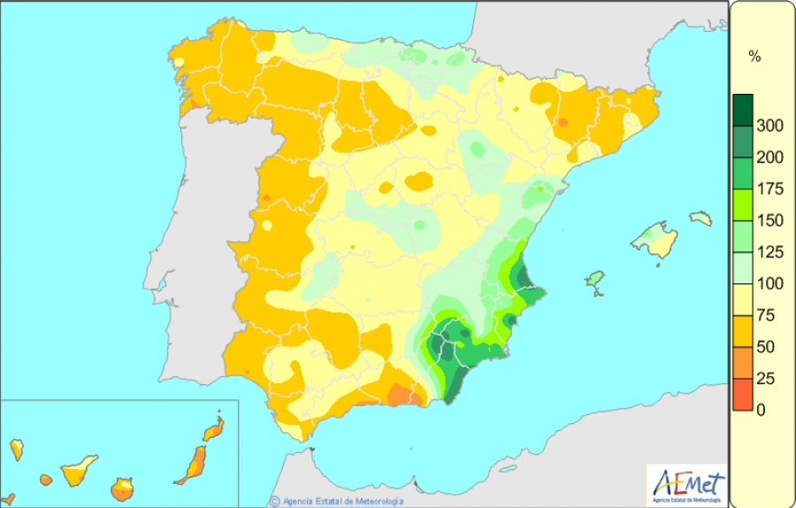 Lluvias: Porcentaje de la precipitación en el año hidrológico respecto a la media del período 1981-2010.