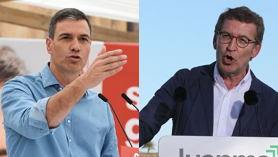 Pedro Sánchez (i) y Alberto Núñez Feijóo en actos de campaña de las elecciones andaluzas