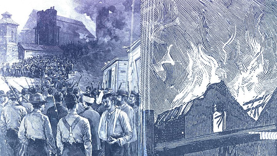 Imagen: collage de fotos de luditas reunidos afuera de una fábrica en el siglo XIX