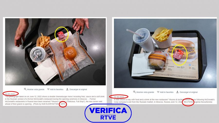 Imágenes de Reuters y AFP tomadas el 12 de junio que muestran los paquetes de kétchup con el logo de McDonald's tapado con el sello: VerificaRTVE