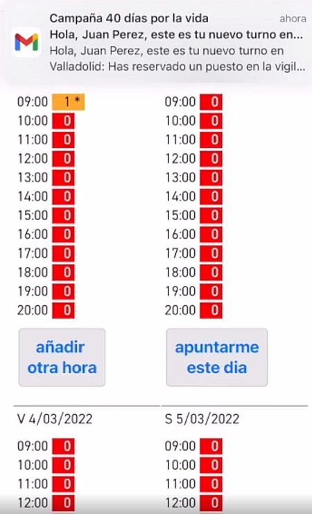 Captura del sistema para reservar vigilias de '40 días por la vida'.