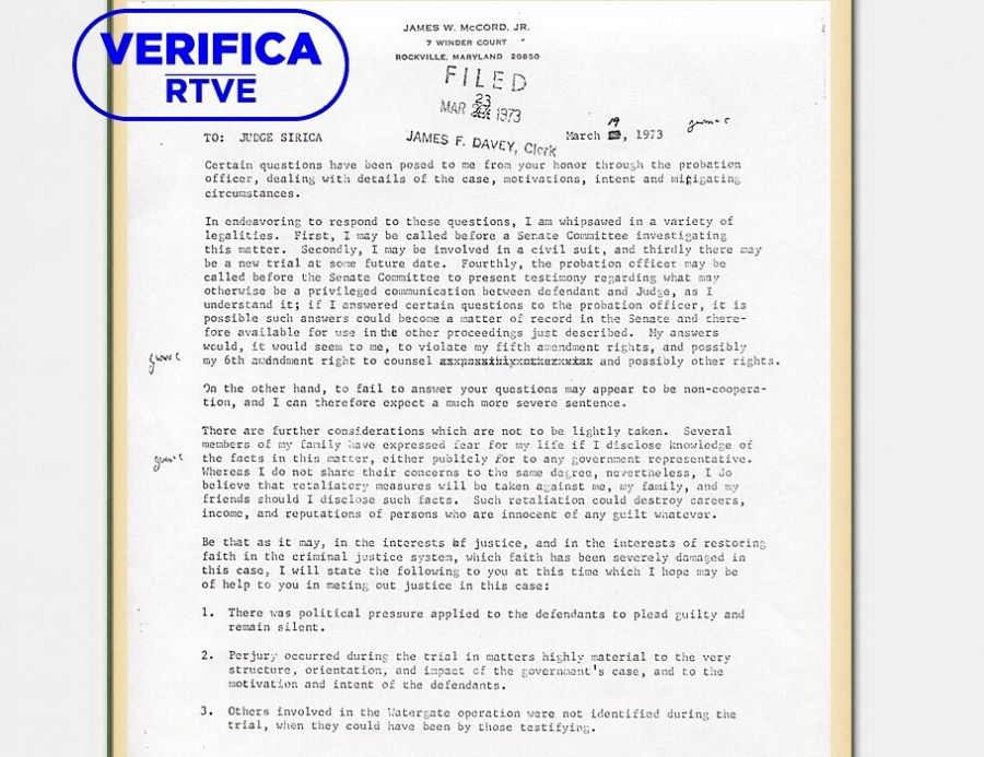 Extracto de la carta que envió al juez el alto cargo republicano James W. McCord, con el sello 'VerificaRTVE' en azul
