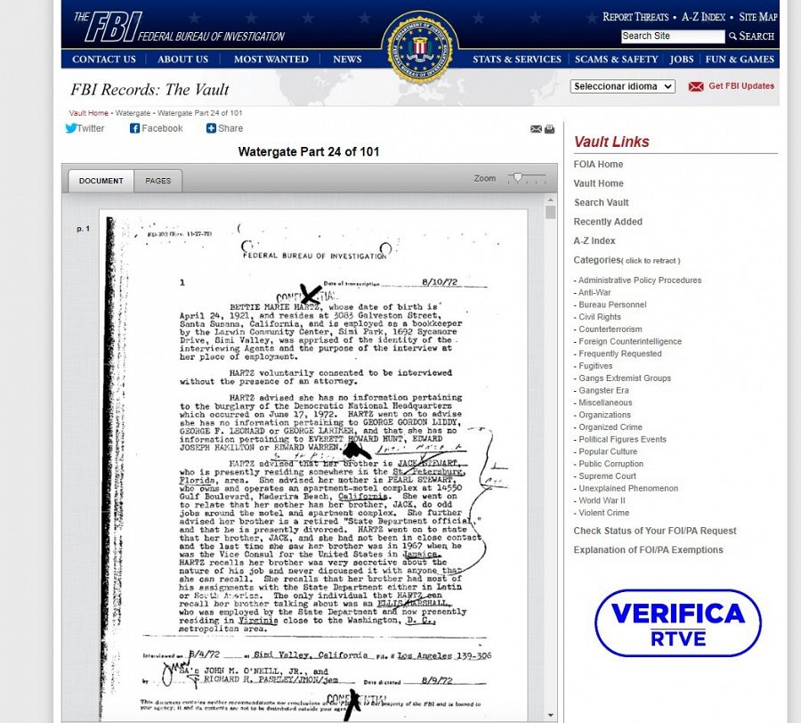 Documento confidencial del Watergate publicado en la Bóveda del FBI, con el sello 'VerificaRTVE' en azul