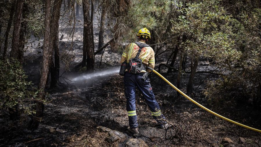 Un bomber remulla terreny cremat al terme de Castellar de la Ribera