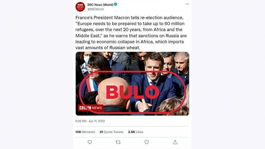 Captura del bulo que difunde las declaraciones falsas de Macron a la BBC con el sello: Bulo