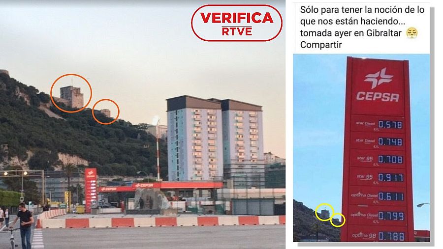 A la izquierda, imagen de Google Maps de la gasolinera CEPSA en 2015 (Gibraltar). A la derecha, la imagen de los precios de CEPSA que se han difundido con el sello VerificaRTVE.