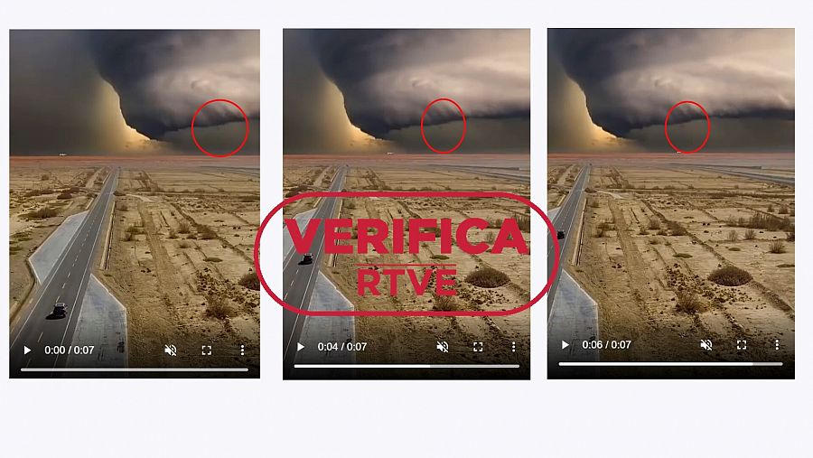 Capturas del vídeo con una mancha que se repite cada segundo rodeada con el sello: VerificaRTVE