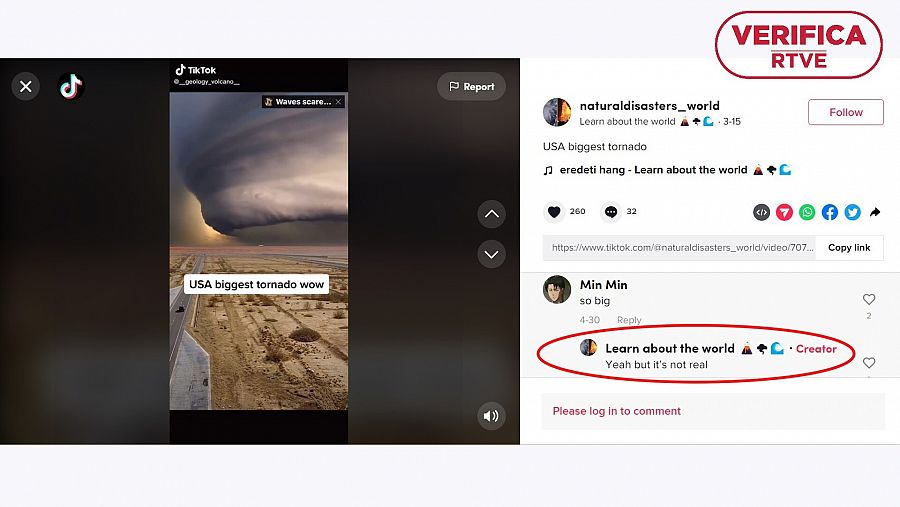 Captura que muestra un comentario de la cuenta que comparte el vídeo en TikTok explicando que el vídeo no es real con el sello: VerificaRTVE