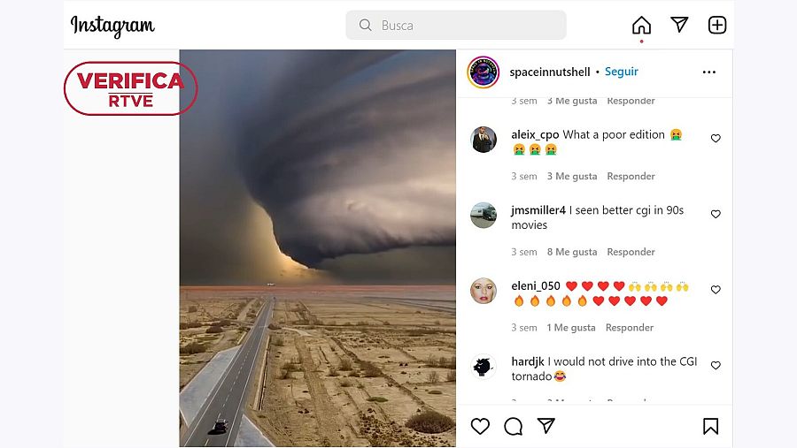 Captura de los comentarios al vídeo publicado por la cuenta spaceinnutshell diciendo que es falso con el sello: VerificaRTVE