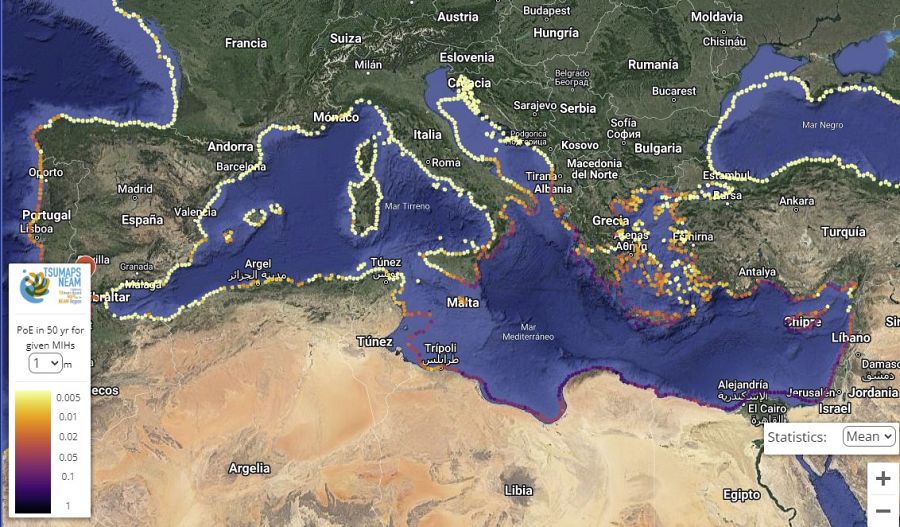 Mapa de probabilidades de Tsunami en el Mediterráneo