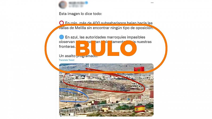 Un tuit mostrando un bulo sobre la policía marroquí presuntamente inactiva ante el salto a la valla de Melilla (con sello Bulo)