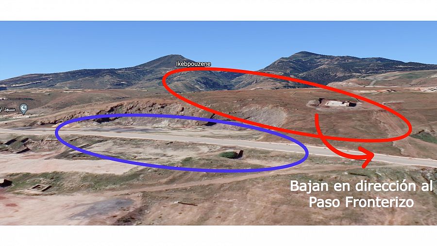 Geolocalización del lugar por el que descienden los inmigrantes (captura de Google Earth Pro con sello VerificaRTVE)