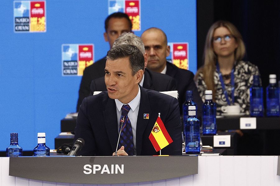 El presidente del Gobierno, Pedro Sánchez, durante su intervención en la primera jornada de la cumbre de la OTAN