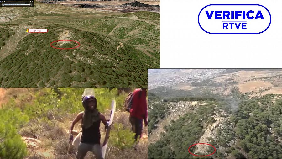 Dos imágenes que muestran la montaña del vídeo geolocalizada y una imagen que muestra los enfrentamientos de inmigrantes con policía, con el sello de VerificaRTVE.