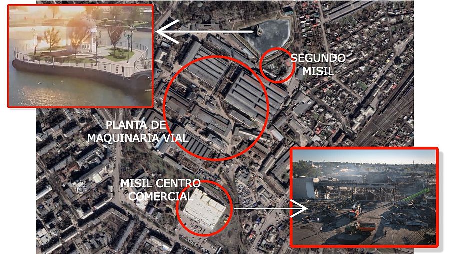 Combo de imágenes que muestran la zona atacada con el sello: VerificaRTVE