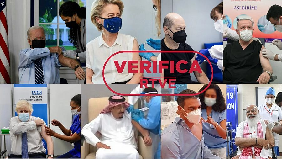 Joe Biden, Ursula von der Leyen, Pedro Sánchez, Tayyip Erdo¿an, Boris Johnson, Salman bin Abdulaziz, Olaf Scholz y Narendra Modi recibiendo la vacuna contra la COVID-19 con el sello: VerificaRTVE