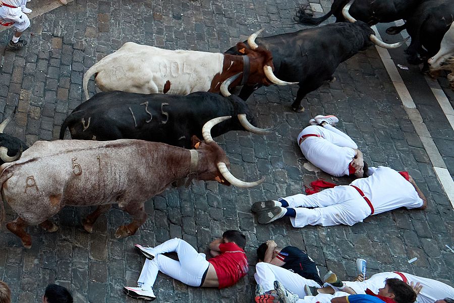 Varios mozos caen ante los toros en la calle Estafeta.