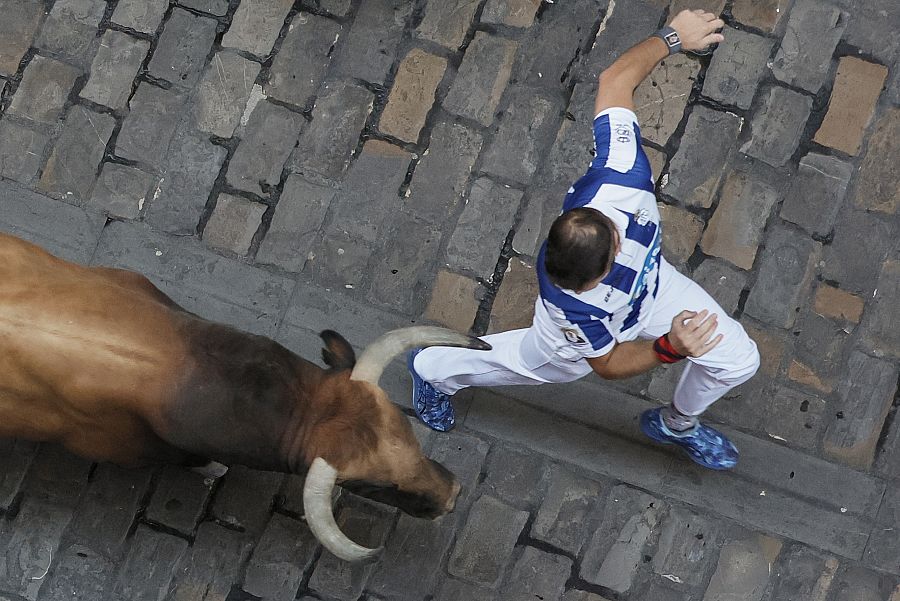 Un mozo ante uno de los toros de la ganadería gaditana de Cebada Gago en la calle de la Estafeta.