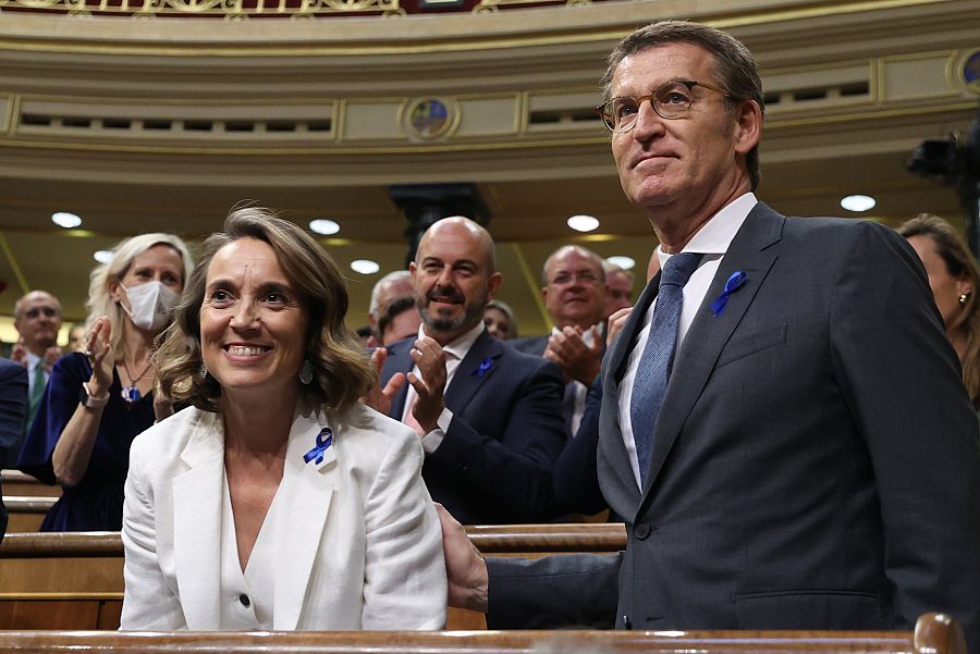 Debate sobre el estado de la nación: el presidente del PP, Alberto Núñez Feijóo, y la portavoz parlamentaria, Cuca Gamarra, en el hemiciclo del Congreso.