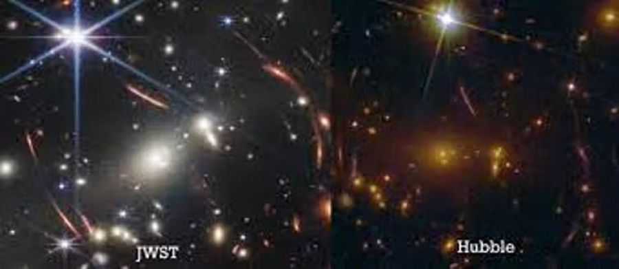 Comparativa de la misma zona espacio profundo entre el JWST (imágenes estrelladas de 8 puntas) y el Hubble (4 puntas)