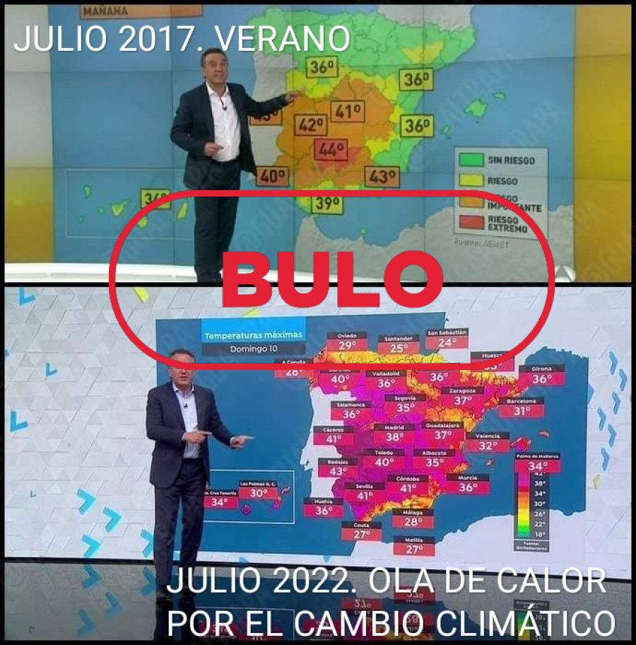 Imagen con los dos mapas de variables distintas con el sello bulo en rojo de VerificaRTVE