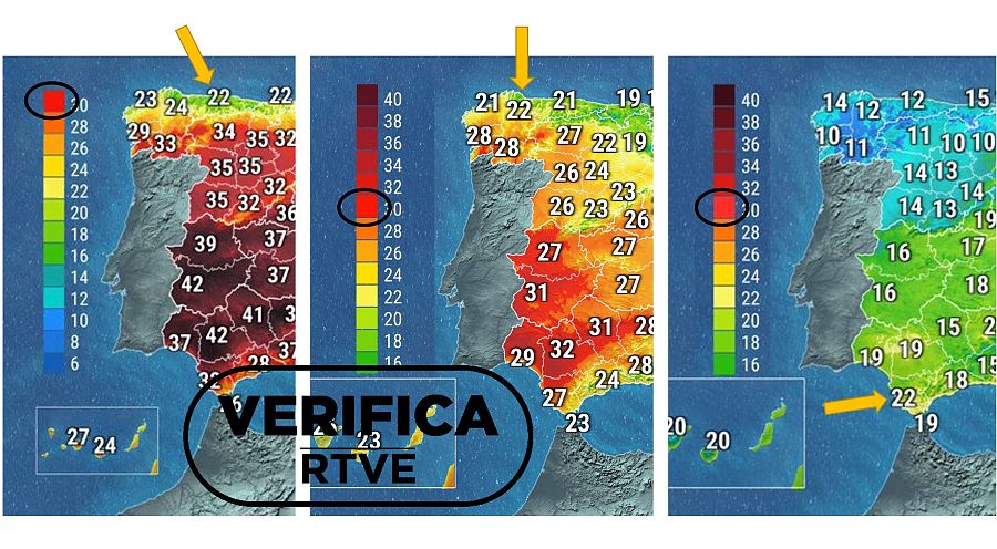 Comparativa de distintos mapas del tiempo de TVE con la misma escala de colores haya frío o calor, con el sello de VerificaRTVE