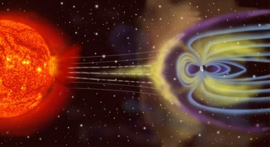 Representación de la interacción del viento solar con la magnetosfera de la Tierra.