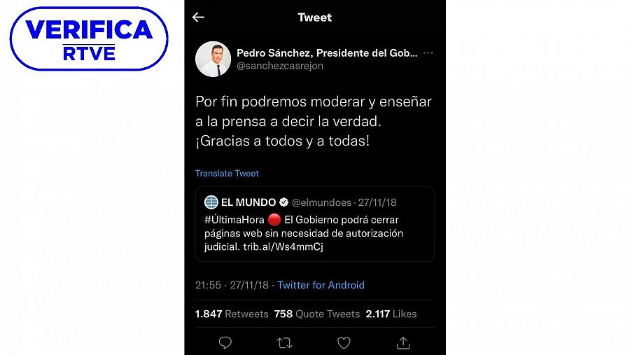 Tuit de la cuenta que imita al presidente Pedro Sánchez visto desde un dispositivo móvil con el sello VerificaRTVE