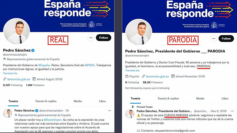 A la izquierda la cuenta oficial de Pedro Sánchez en Twitter y a la derecha la cuenta parodia