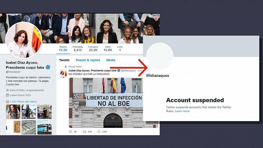 A la izquierda, el aspecto de la cuenta falsa @Idiazaquso el 28 de octubre de 2020. A la derecha, la misma cuenta actualmente suspendida.