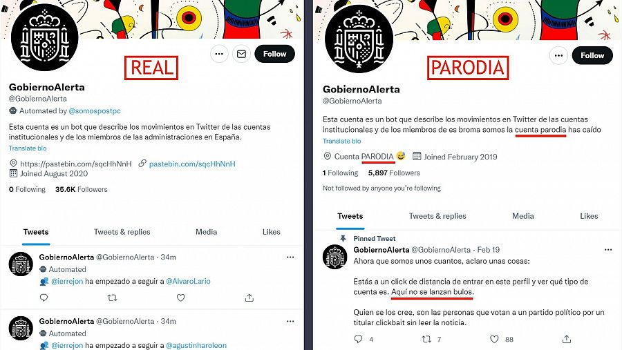 A la izquierda cuenta oficial de @GobiernoAlerta y a la derecha la cuenta parodia.