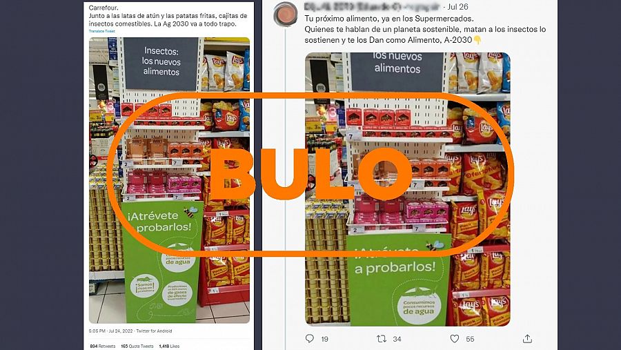 Mensajes de redes que reproducen el bulo de que actualmente Carrefour vende insectos comestibles, con el sello 'Bulo' en naranja