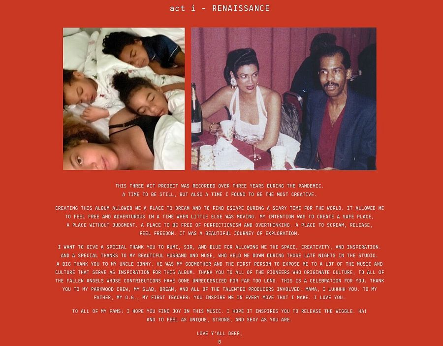 Dedicatoria de Beyoncé en su nuevo disco 'Ranaissance'