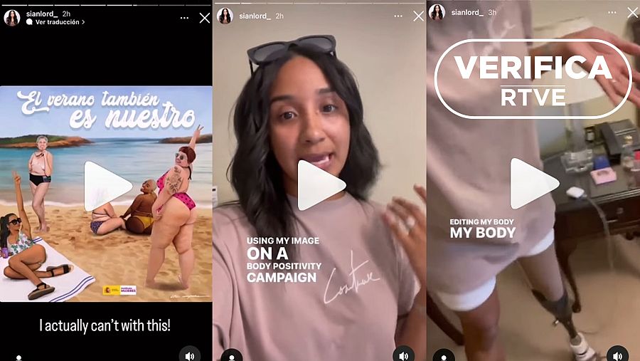 Tres imágenes del vídeo en el que la modelo británica Sian Green-Lord denuncia el uso de su foto sin permiso, con el sello blanco de VerificaRTVE