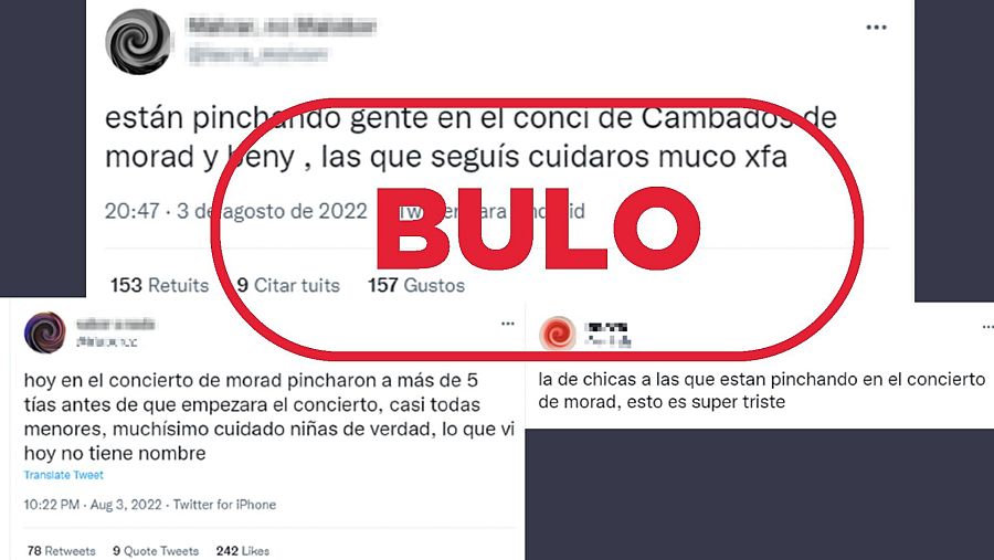 Contenidos que difunden la idea de que se están produciendo pinchazos en el concierto de Morad y Beny Jr en Cambados, con el sello 'Bulo' en rojo