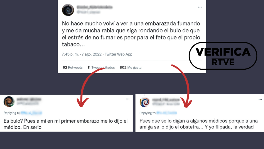 Mensajes de Twitter que opinan y comparten experiencias relacionadas con fumar durante el embarazo, con el sello 'VerificaRTVE' en negro