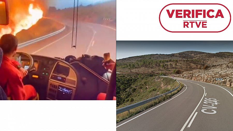 A la izquierda, un fragmento del vídeo que enseña la carretera. A la derecha, la misma carretera geolocalizada como la CV-235 que une Bejís con Sacañet. Con el sello VerificaRTVE.